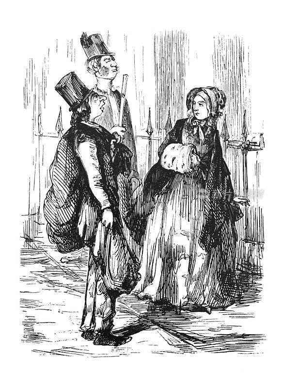 英国讽刺漫画漫画漫画插图-女人在人行道上看着一个贫穷的男人包和衣衫褴褛的衣服