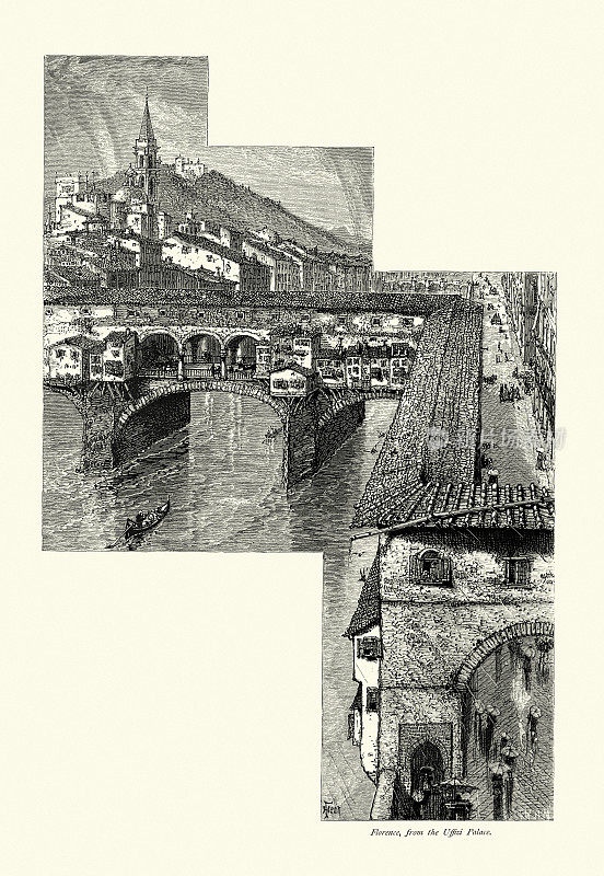 佛罗伦萨，阿尔诺河，人们，雨，乌菲齐宫，意大利，19世纪