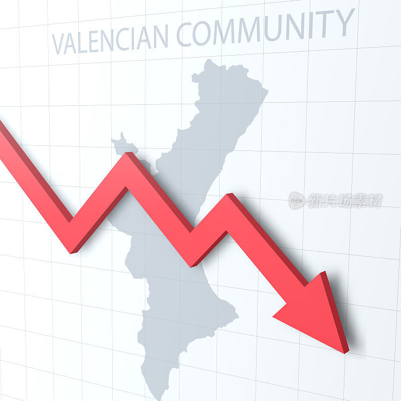 坠落的红色箭头与巴伦西亚社区地图的背景
