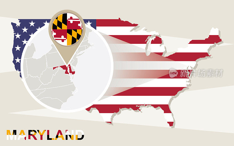 放大的马里兰州的美国地图。马里兰国旗和地图。