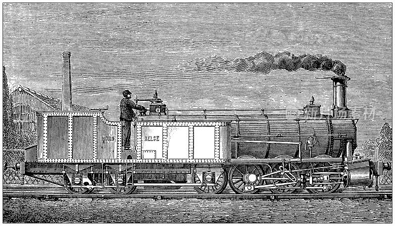科学发现、实验和发明的古董插图:蒸汽火车火车头