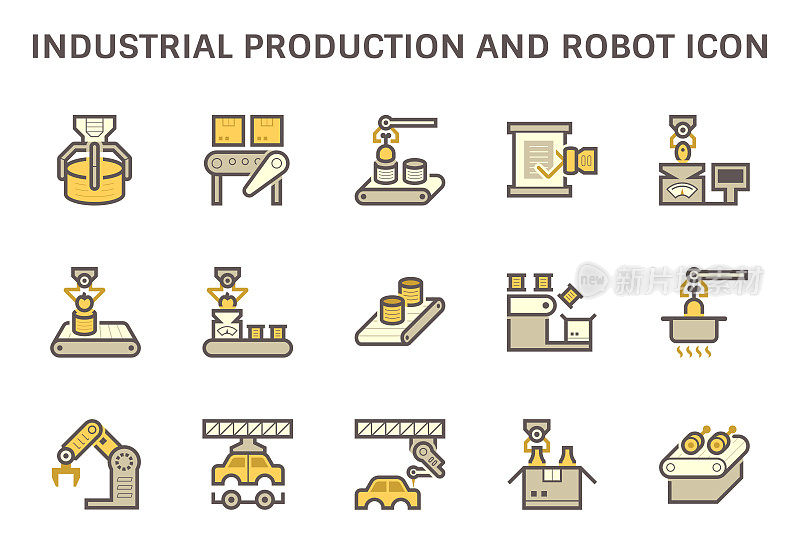 工业生产机器人和计算机控制矢量图标集设计。