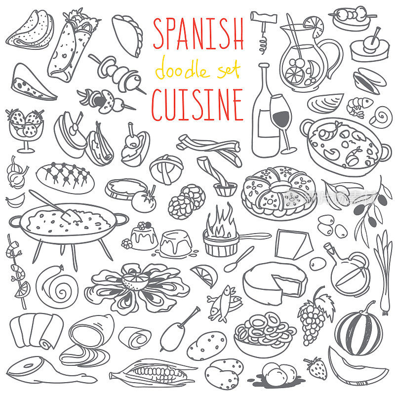 西班牙美食美食涂鸦套装。海鲜饭，火腿，玉米饼，西班牙小吃，桑格利亚汽酒，油条。