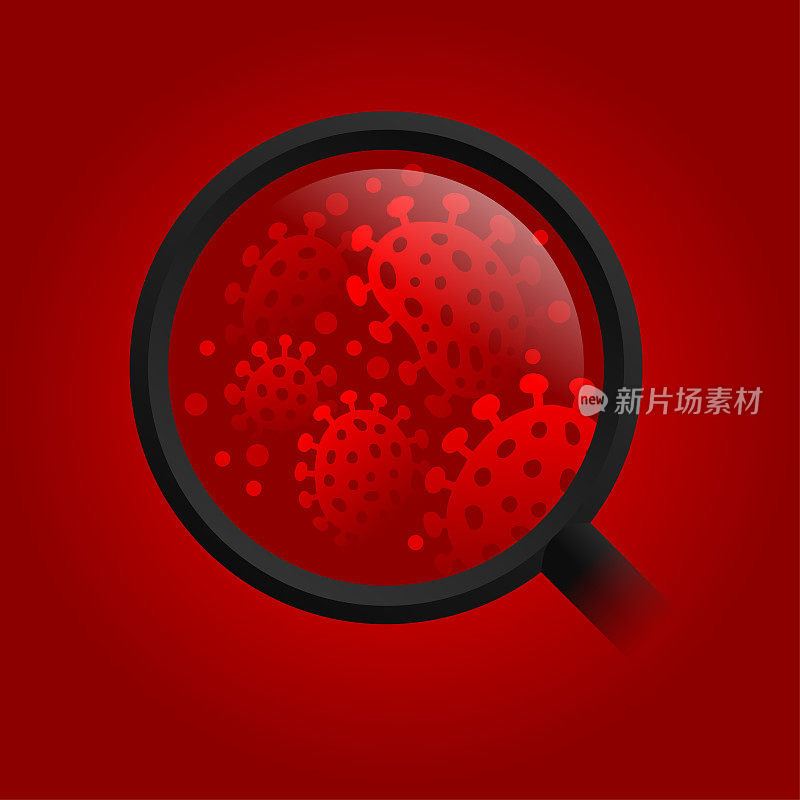 红色背景上的放大镜中的细菌