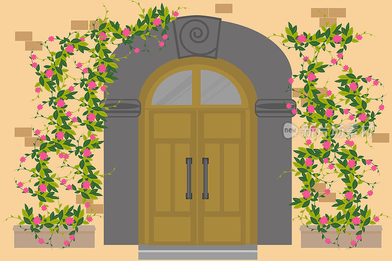 老木门到石头房子。门是大地中海风格。古董金属手柄，装饰有拱门，墙上有攀缘玫瑰枝。矢量插图在平面风格。