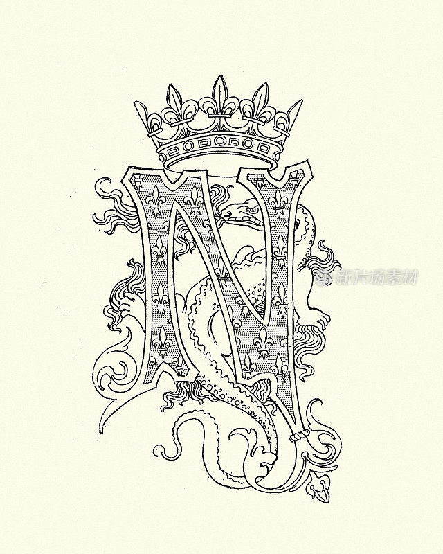 大写字母N，皇冠和龙的设计