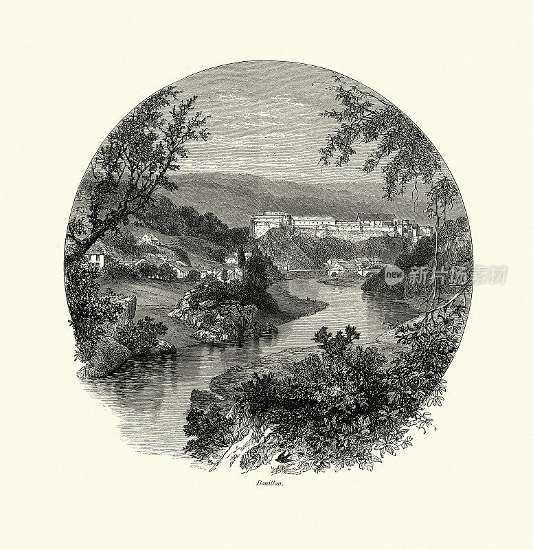 风景如画的布永，河，阿登，法国，19世纪