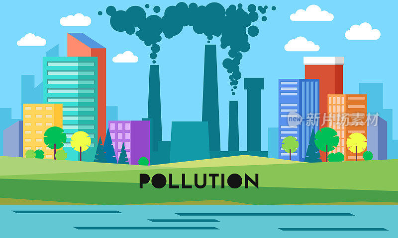 带有环境污染的矢量背景。工厂烟雾缭绕，垃圾从管道排放到河水。灰色的云和被污染的草。生态、自然的概念与肮脏的池塘。