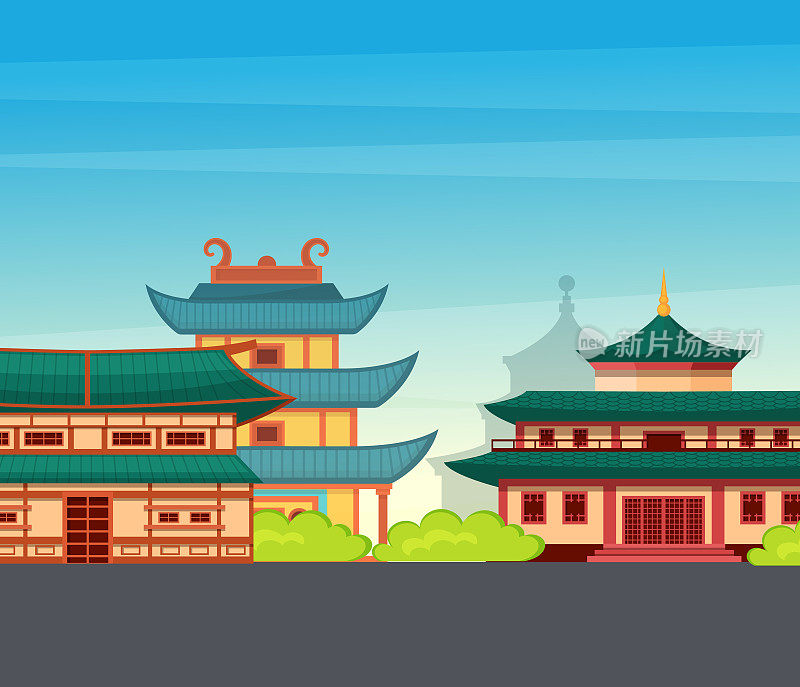 中国传统街道，亚洲街道，有中国建筑，宝塔，寺庙，房子。中国城镇城市地标景观，日本建筑建筑。祝你春节快乐