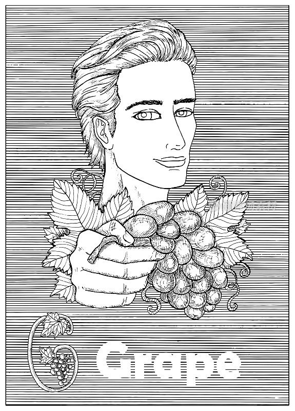 年轻英俊的男子拿着葡萄浆果在条纹背景上。