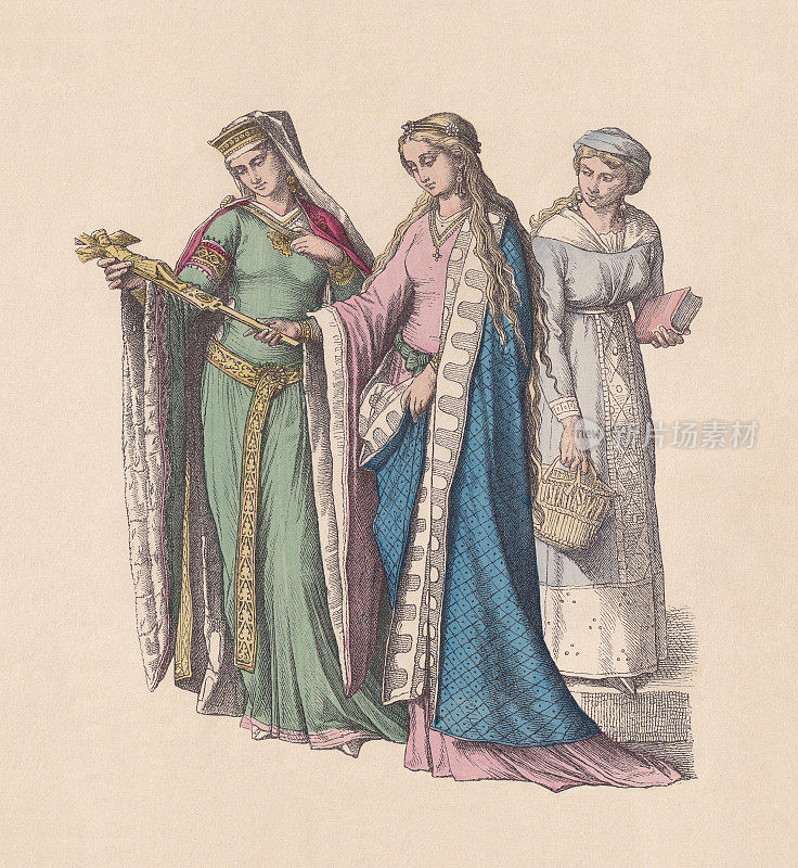 德国妇女和公民，12世纪，手工彩色木刻，大约1880年出版