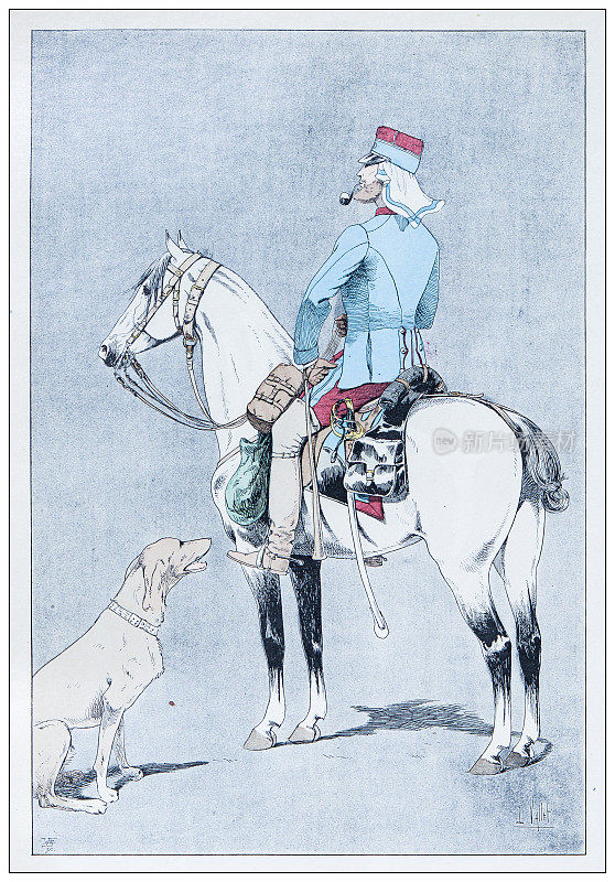 马、骑士和骑兵的古董插图:军官，1881年