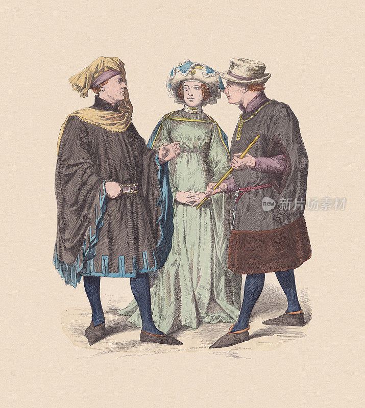 15世纪，荷兰服饰，手工着色木刻，约1880年出版