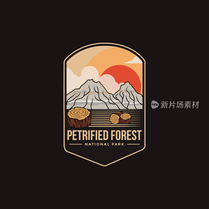在黑色背景上的石化森林国家公园的徽章斑块矢量插图