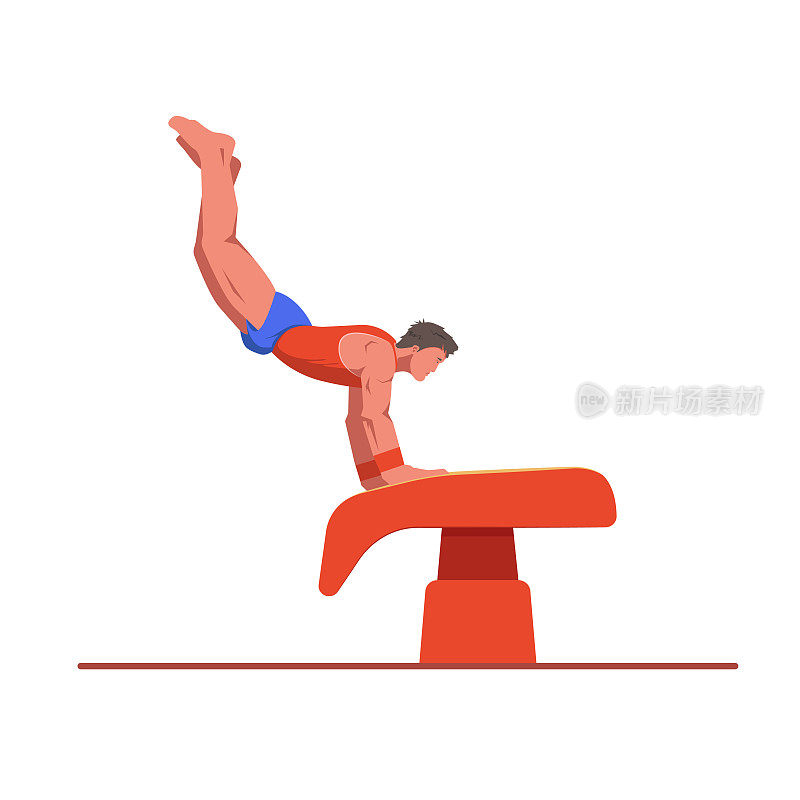 具有运动员体格的体操运动员表演跳马，运动员用手跳上跳马。