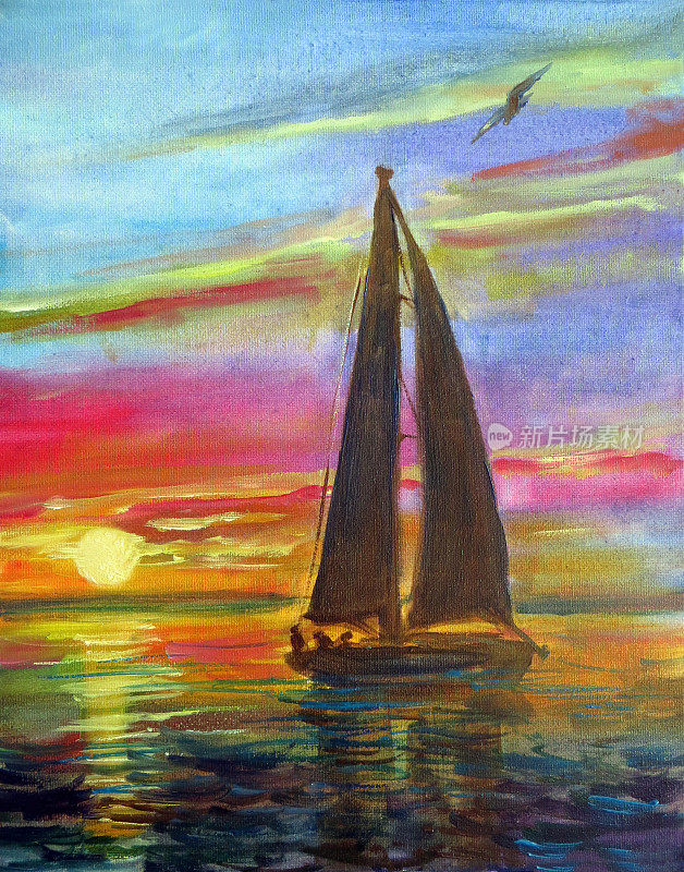 一艘帆船的剪影在明亮的海上日落的背景下，油画