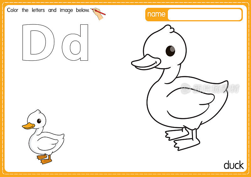 矢量插图的儿童字母着色书页与概述剪贴画，以颜色。字母D代表鸭子。