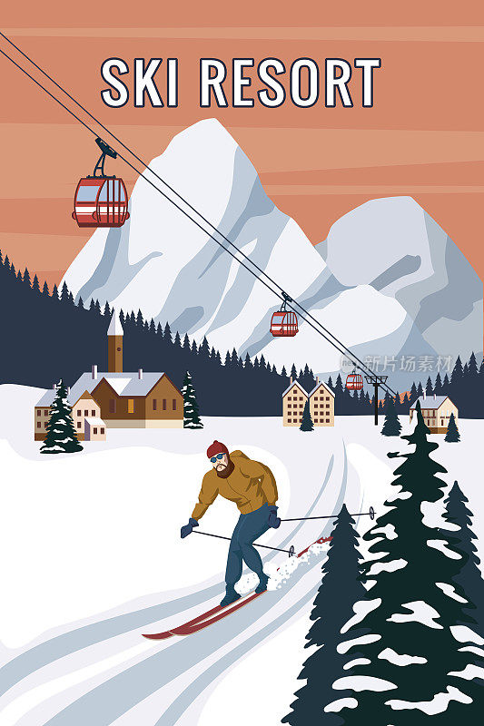 高山滑雪者的冬季度假胜地，瑞士阿尔卑斯山。雪景山峰，红色缆车的斜坡，老式的木制滑雪板和滑雪杆。旅行的复古海报