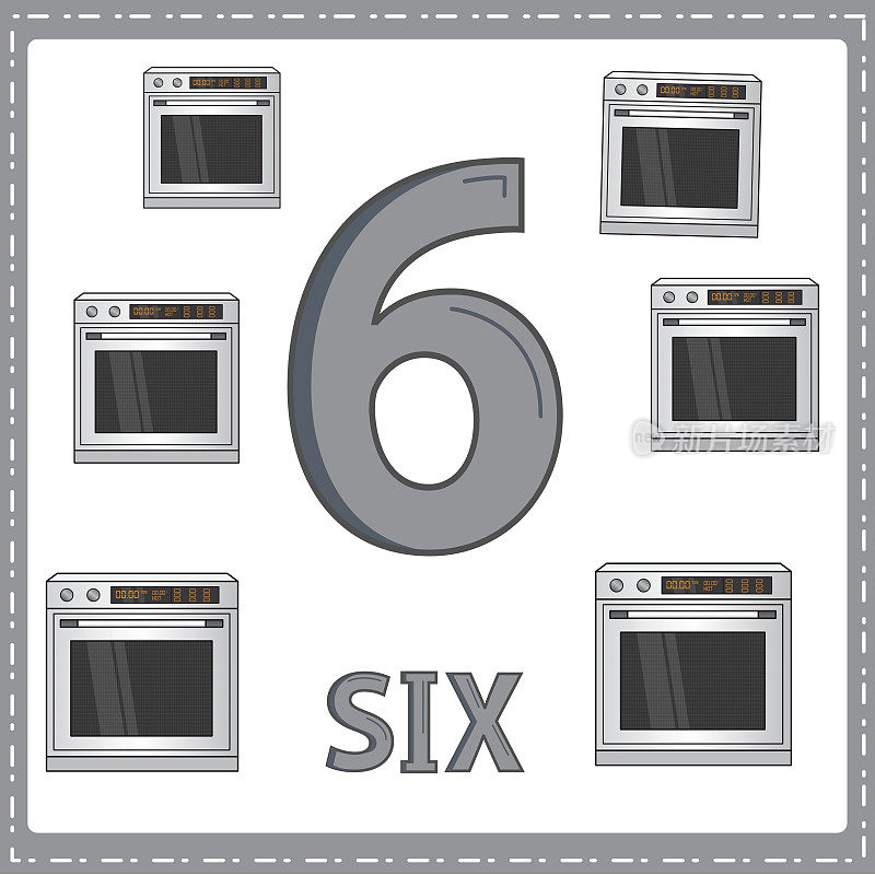 幼儿数字教育插图。为孩子们学会了用6个烤箱数数字6，如图所示在厨房类别