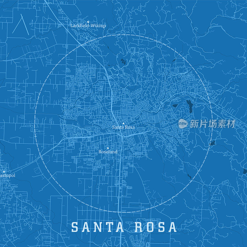圣罗莎CA城市矢量道路地图蓝色文本