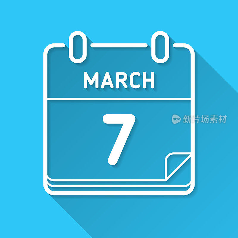 3月7日。蓝色背景上的图标-长阴影平面设计