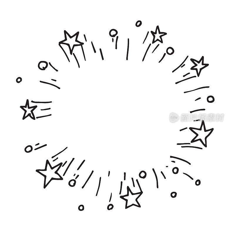 涂鸦风格的抽象矢量绘图。爆炸成一个圆圈，烟花，节日烟花。星星，装饰和流光。轮架