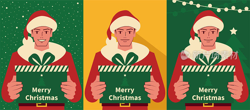 快乐英俊的年轻人穿着圣诞老人的衣服，手里拿着圣诞礼物，有三个背景