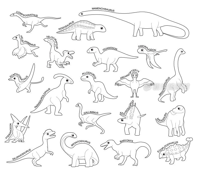 恐龙集各种类型识别卡通矢量黑白