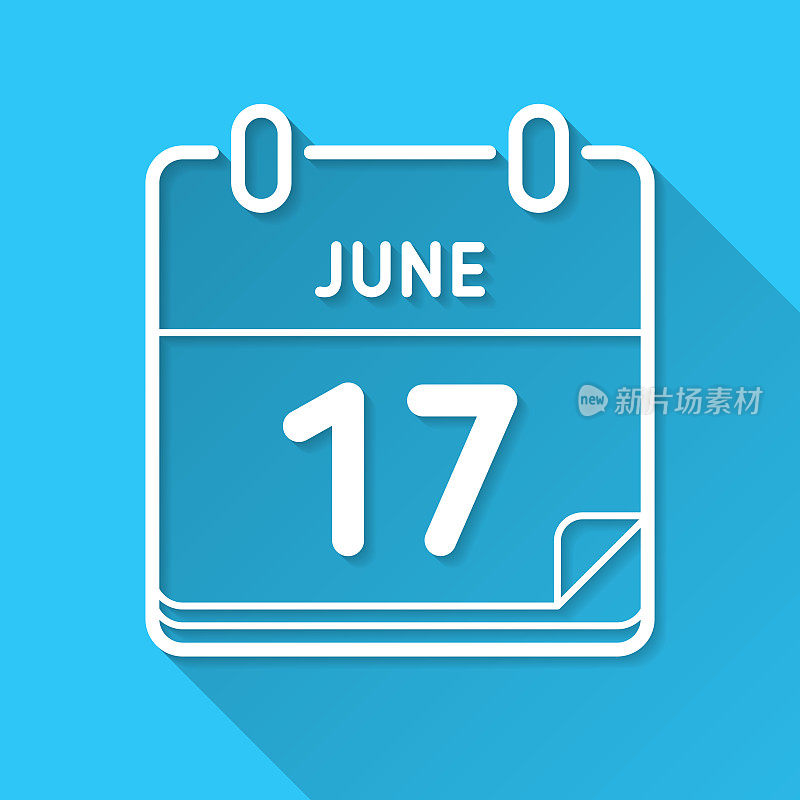 6月17日。蓝色背景上的图标-长阴影平面设计