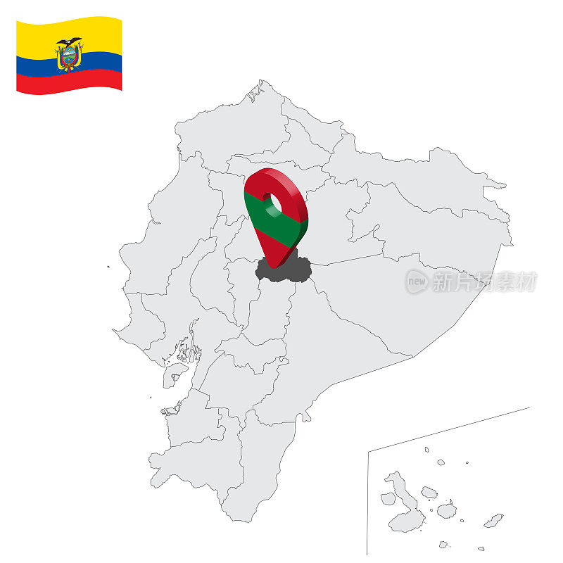位于厄瓜多尔地图上的通古拉瓦省。3d位置标志类似于通古拉瓦的国旗。优质地图与省份厄瓜多尔共和国为您的设计。EPS10