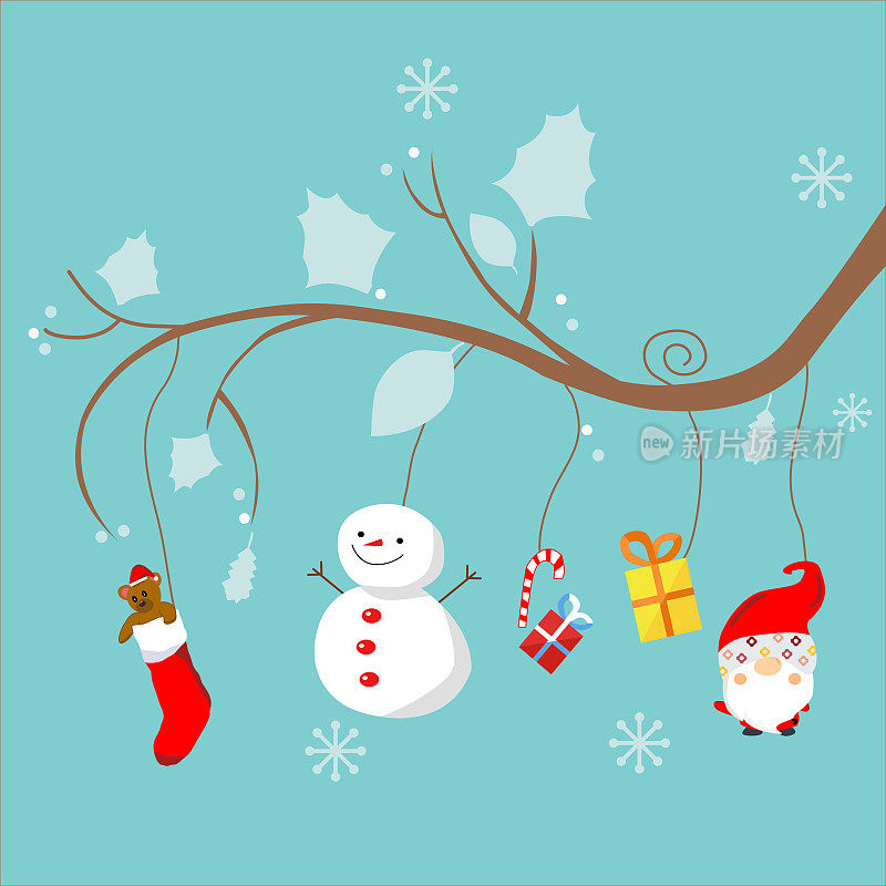 圣诞矢量剪纸艺术集元素，小树枝，树叶，小树枝，糖果，叮当球，圣诞球，礼物，地精，雪人