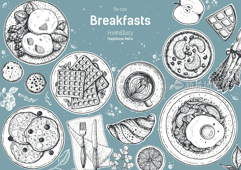 早餐顶视图框架。早餐菜单设计。早餐和早午餐菜肴收集。复古手绘草图，矢量插图。雕刻风格。
