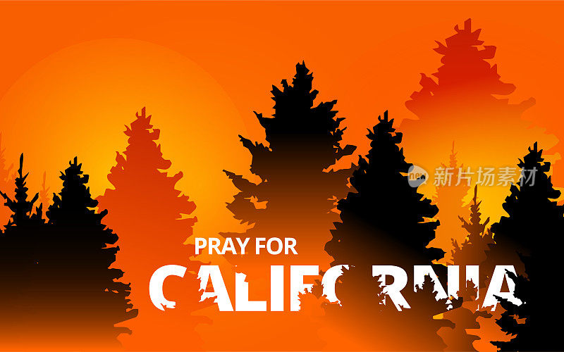 插图矢量图形的森林火灾在加利福尼亚州，美国。树木即将在红色、橙色的野火中燃烧。森林里的小溪着火了。为加州的溪火概念祷告。平的风格。