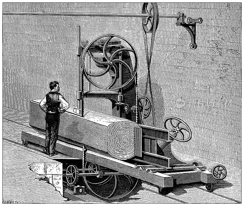 19世纪工业、技术和工艺的古董插图:电锯