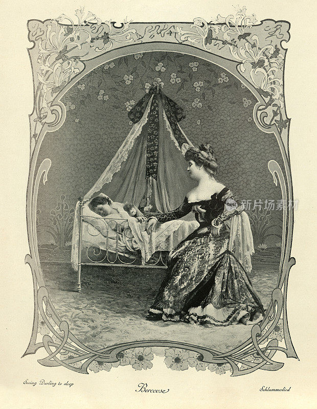 年轻的母亲看着她熟睡的孩子,维多利亚时代,19世纪