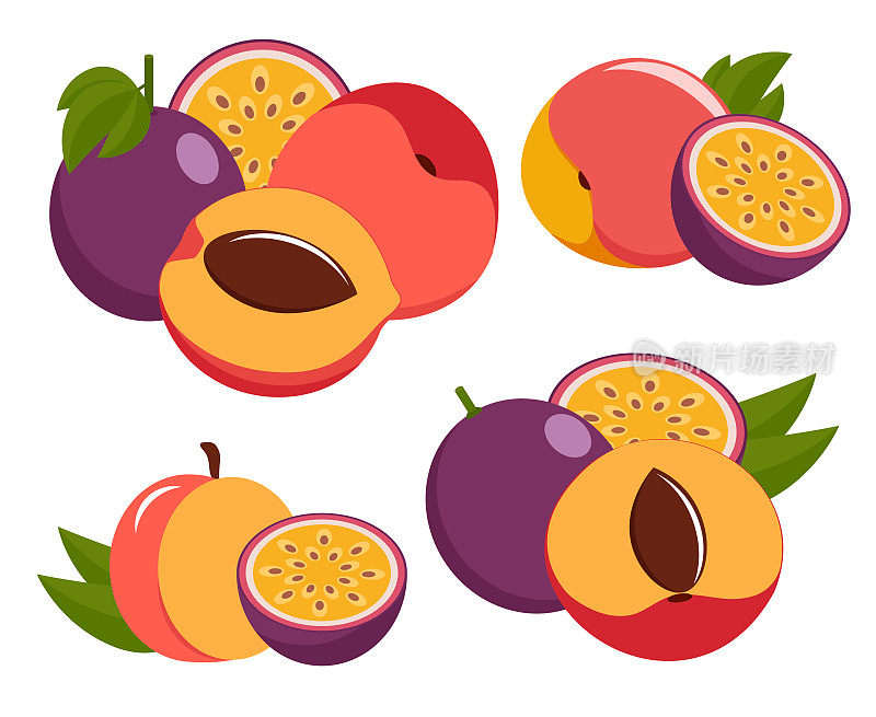 桃和百香果。一串热带水果