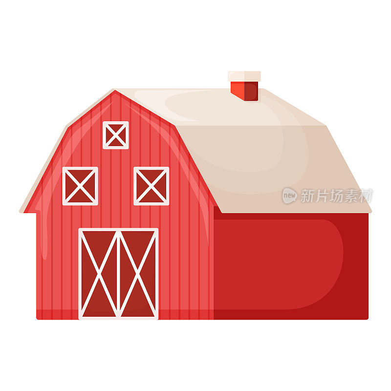 概念乡村住宅红色现代农场谷仓建筑在绿色农场田块牧场的动画矢量插图图标，孤立在白色。