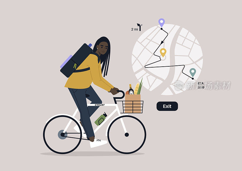 一个年轻的非洲女性角色骑着自行车，有导航员，地理定位技术，有站点的路线