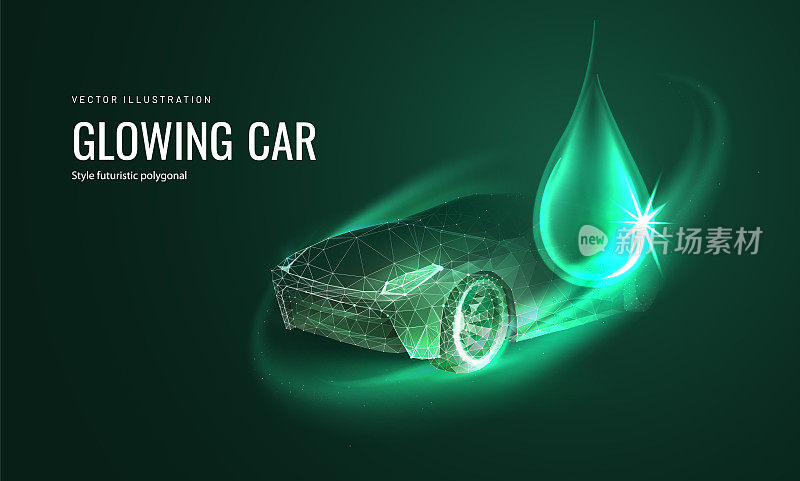 生物燃料技术的未来主义风格。可替代清洁能源的电动汽车，具有光效。矢量插图更换燃料在车辆在霓虹灯风格上的绿色背景。