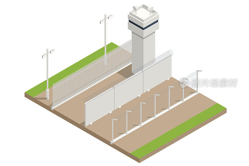 带有铁丝网瞭望塔的等距安全围栏。有铁丝网和守卫塔的监狱场景