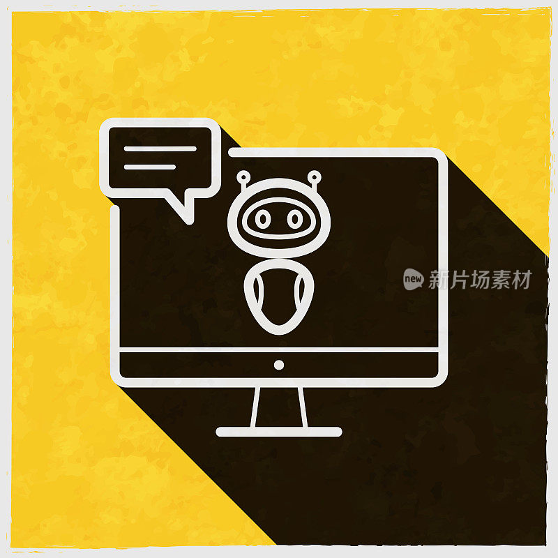 台式电脑与聊天机器人。图标与长阴影的纹理黄色背景