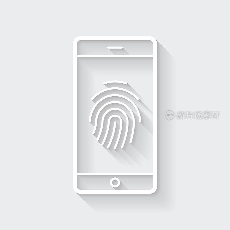 智能手机与指纹。图标与空白背景上的长阴影-平面设计