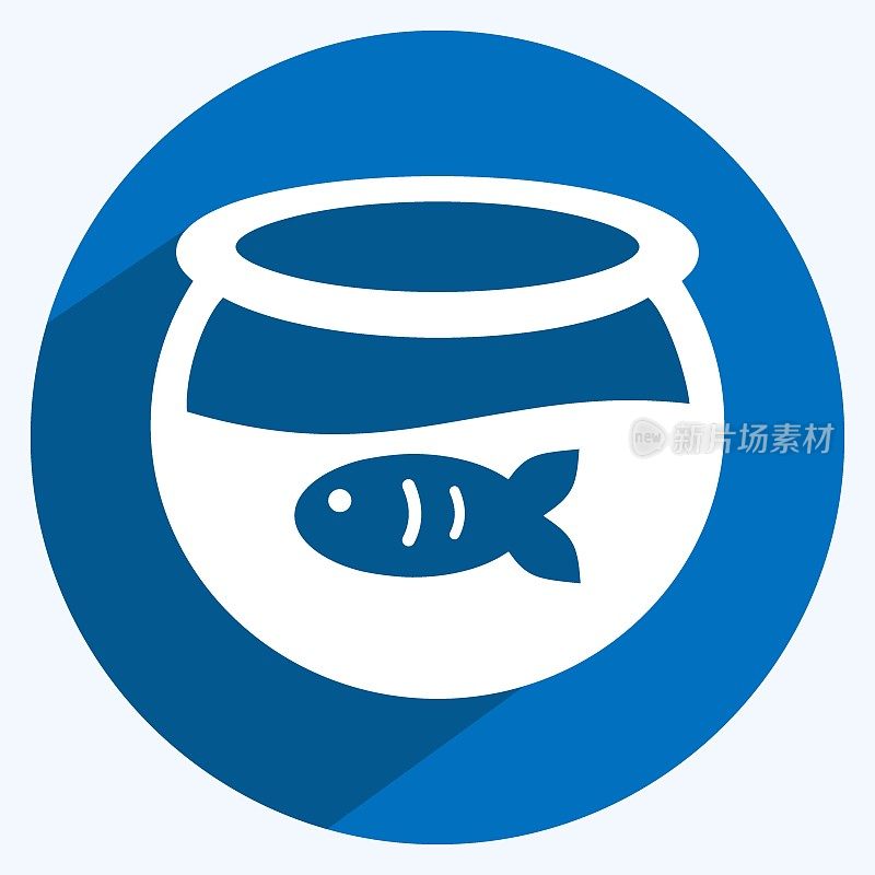 鱼缸图标中的鱼在时尚的长阴影风格孤立在软蓝色背景