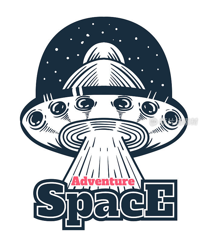 太空飞碟飞船徽章孤立在白色背景设计元素