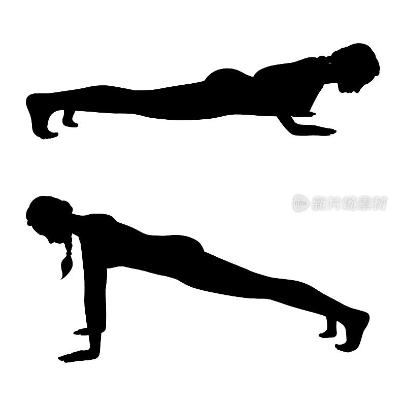 女人剪影在高和低平板姿势。瑜伽女正在训练她的身体肌肉。矢量图