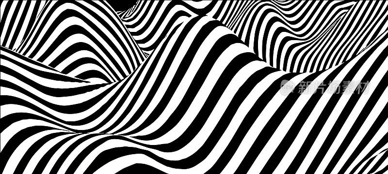 黑白抽象波浪。光学错觉。扭曲的矢量图。