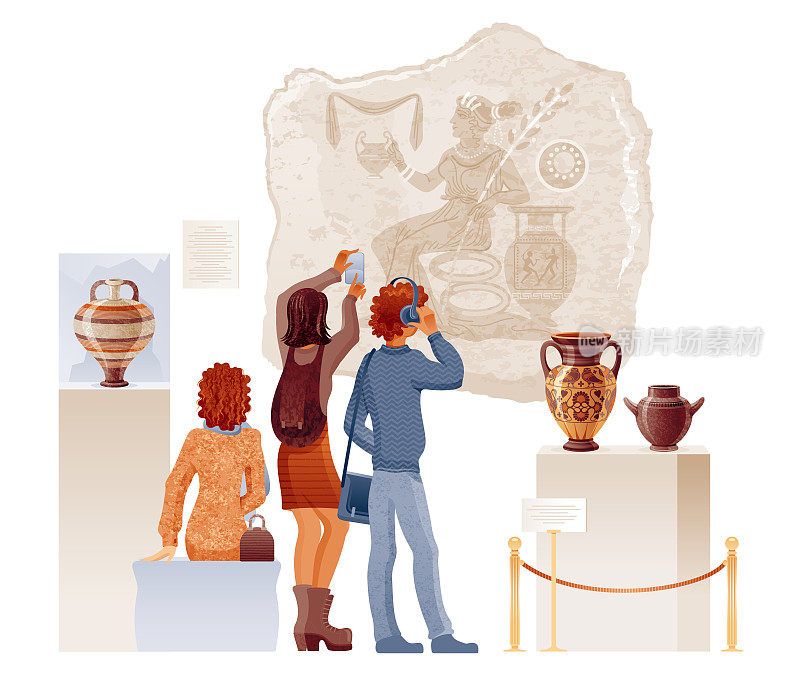 博物馆向量。与人一起的艺术画廊展览。古希腊罗马绘画雕塑陶器插图。卡通平博物馆。向量花瓶展览。历史性的大厅设计。古董艺术室内