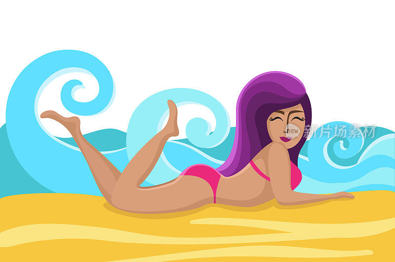 夏天海报。女孩穿着泳衣躺在沙滩上。