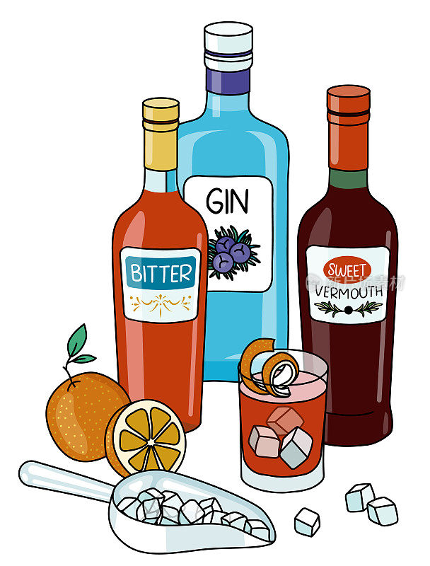 时尚的手绘涂鸦卡通风格的内格罗尼鸡尾酒组成。一瓶杜松子酒，意大利橙苦酒，红色甜苦艾酒和橘子。为酒吧菜单，烹饪书食谱，贴纸或卡片。