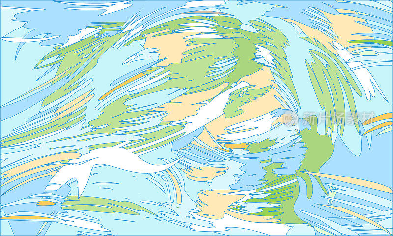 抽象背景的绿色、蓝色、米色和白色斑点，让人联想到一幅地理地图。旅游理念，旅游生态保护。矢量插图。